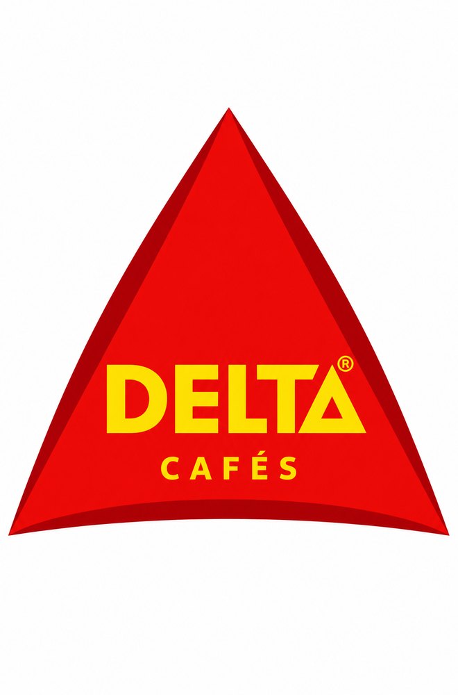 Logótipo Delta Cafés: triângulo vermelho com o nome a amarelo, sobre fundo branco