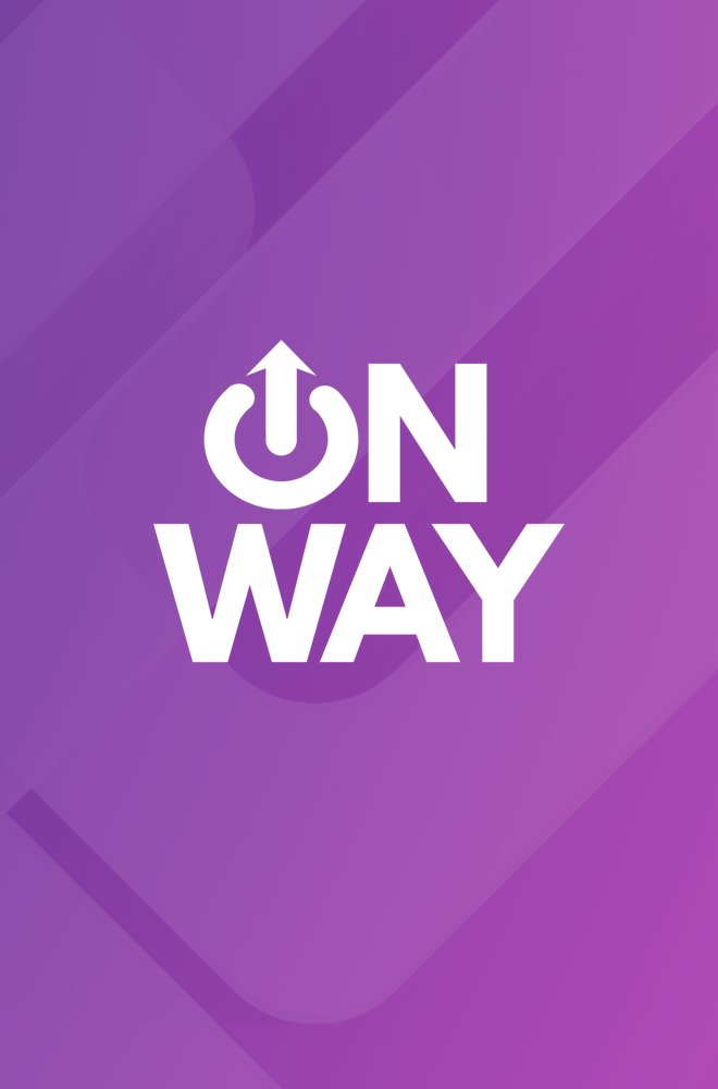 Logótipo empilhado da ONWAY a branco sobre o gradiente azul e magenta da marca