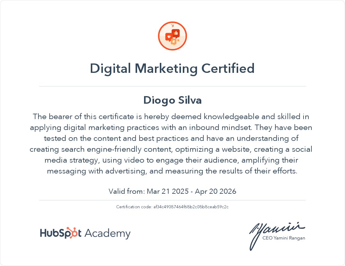 Certificado Digital Marketing Certified da HubSpot Academy em nome de Diogo Silva