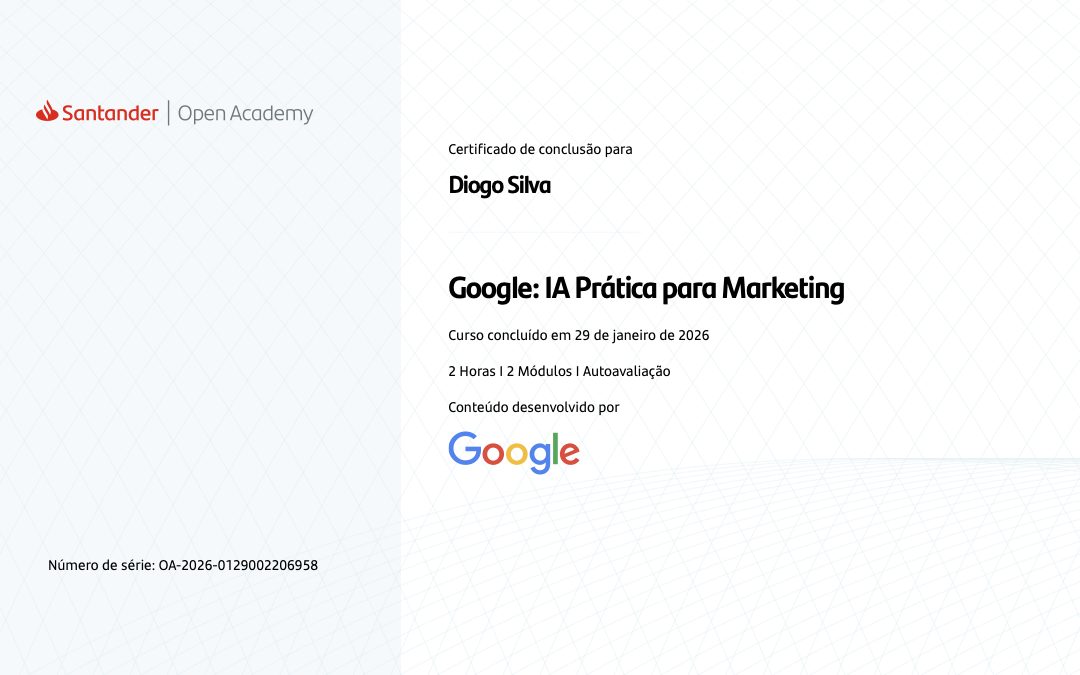 Certificado de IA Prática para Marketing da Santander Open Academy em nome de Diogo Silva