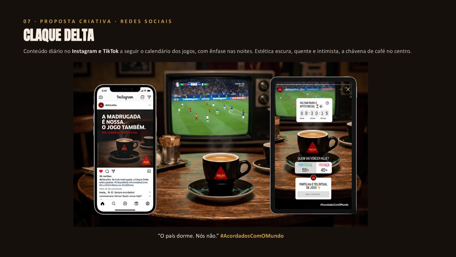 Slide da Claque Delta com maquetas de publicações de Instagram e TikTok junto a uma televisão com um jogo