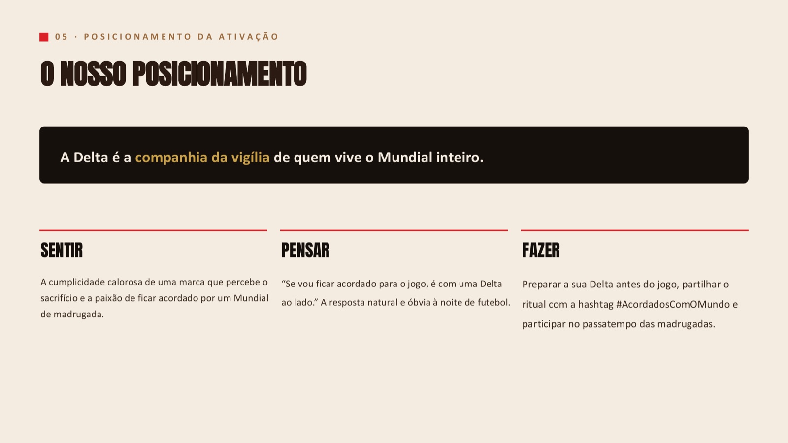 Slide do posicionamento com a frase «A Delta é a companhia da vigília de quem vive o Mundial inteiro» e as colunas sentir, pensar e fazer