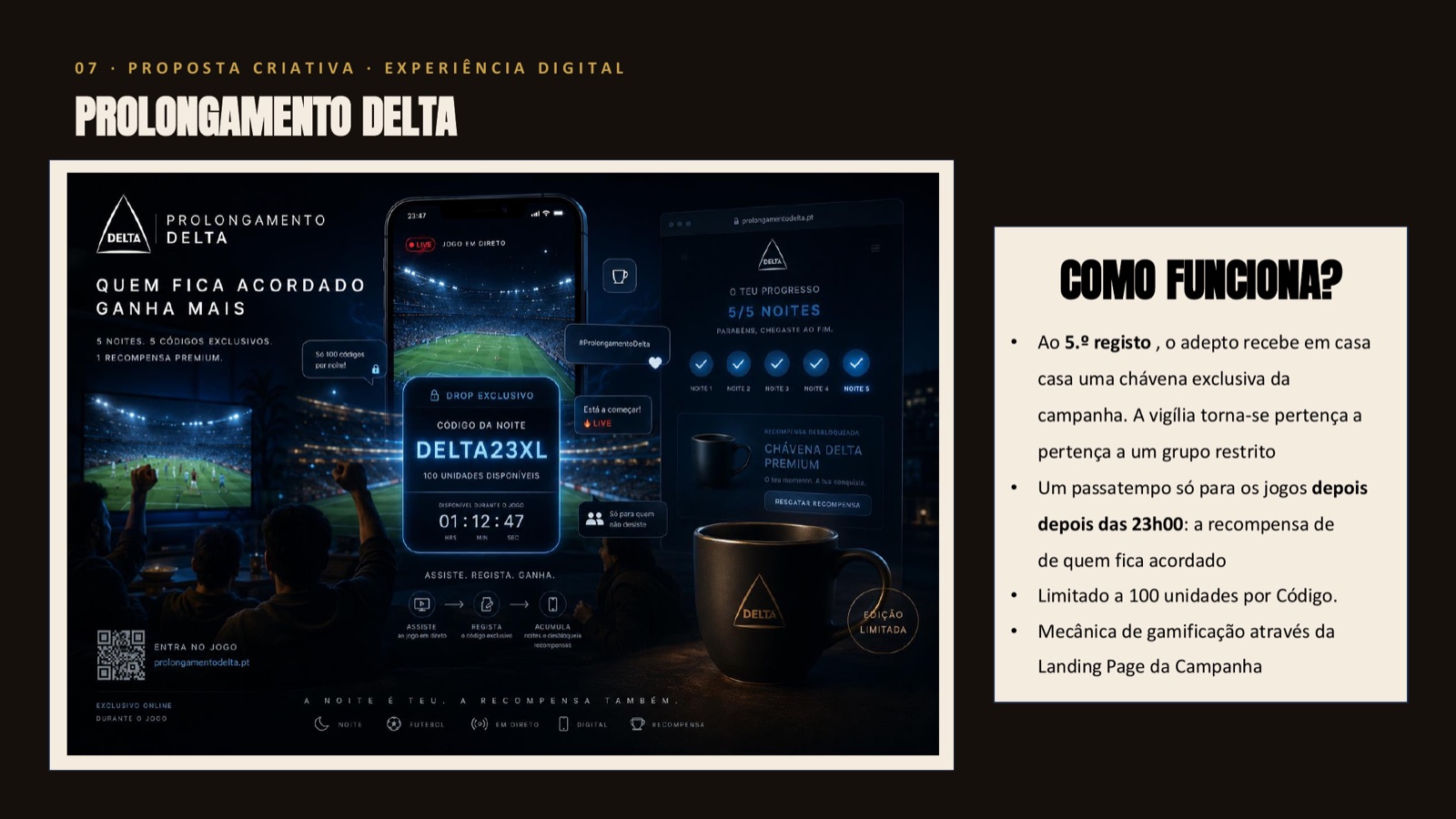 Slide do Prolongamento Delta com a maqueta da landing page do passatempo e a explicação da mecânica