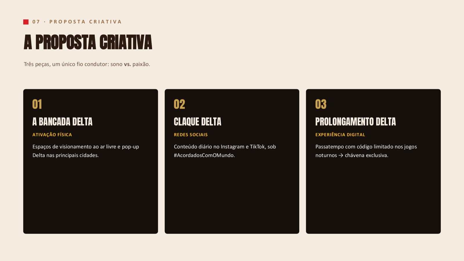 Slide com as três peças da proposta criativa em três cartões escuros