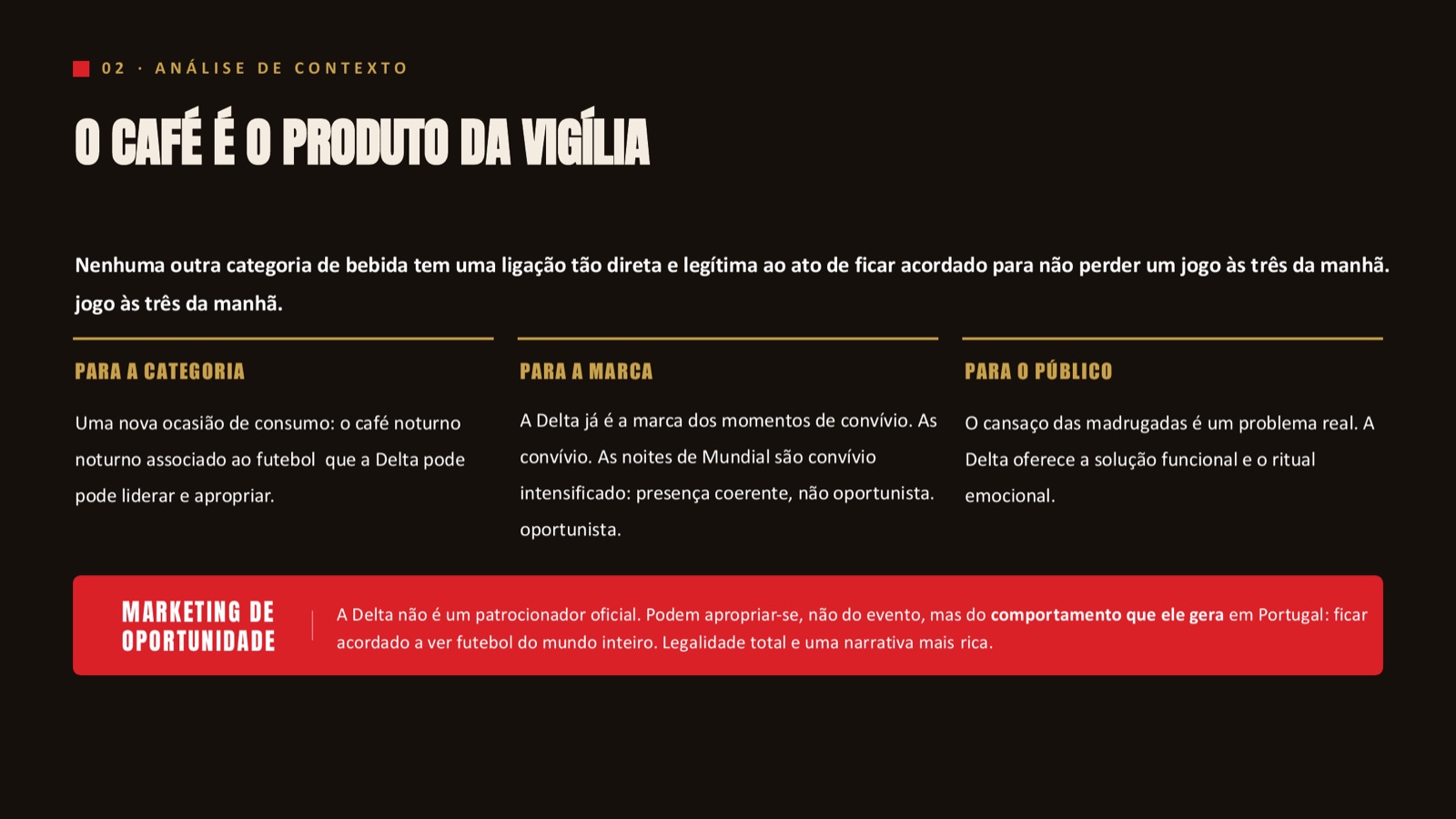 Slide «O café é o produto da vigília» com três colunas de oportunidade e uma faixa vermelha sobre marketing de oportunidade