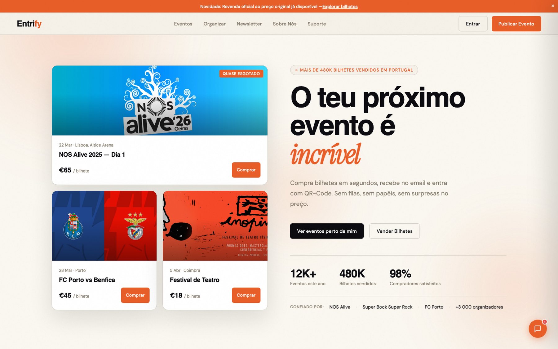 Página inicial da Entrify com evento em destaque e grelha de eventos