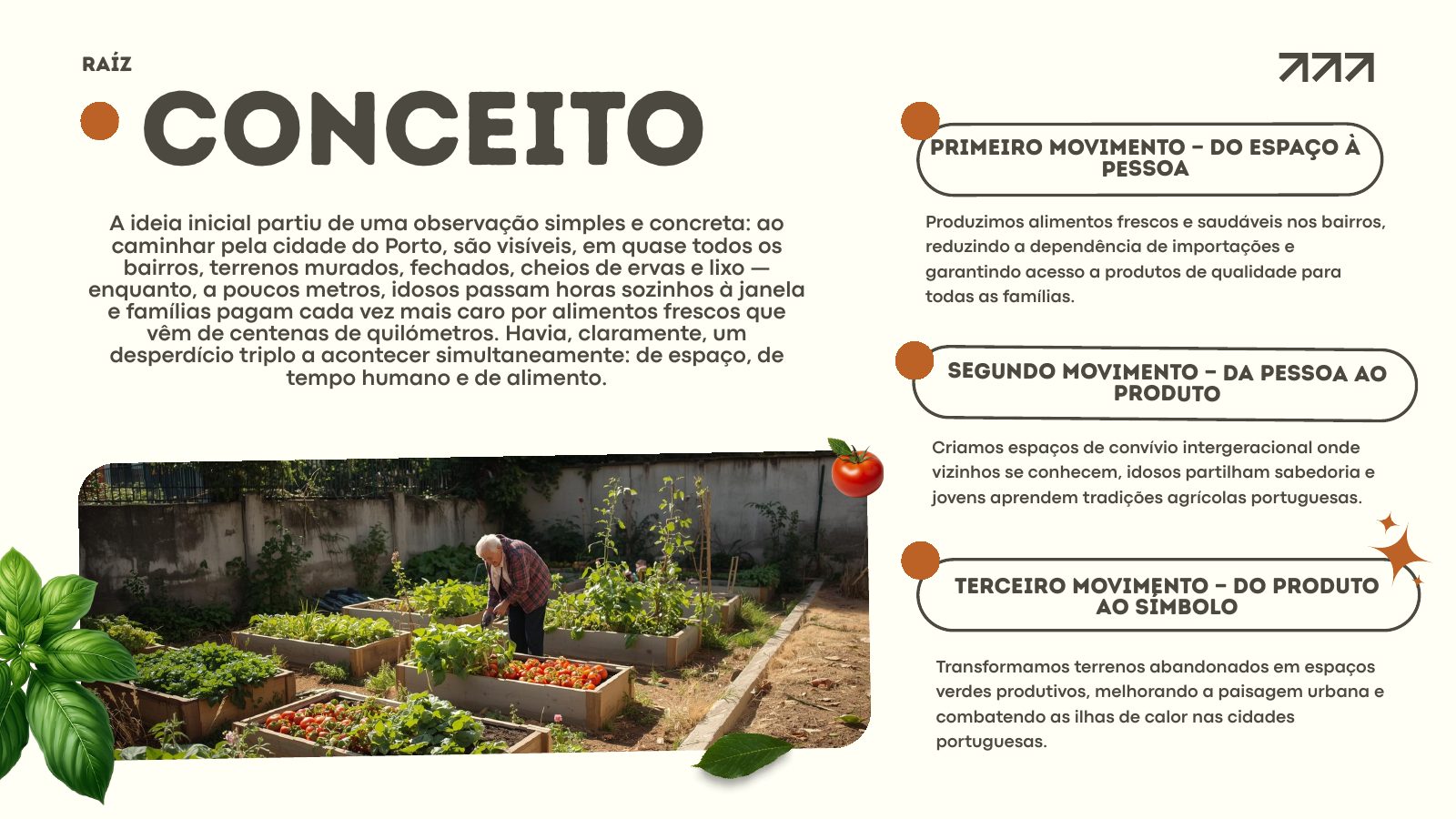 Slide do conceito da RAÍZ com os três movimentos da marca
