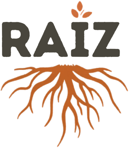 Logótipo RAÍZ, lettering castanho com um rebento no acento e um sistema de raízes laranja