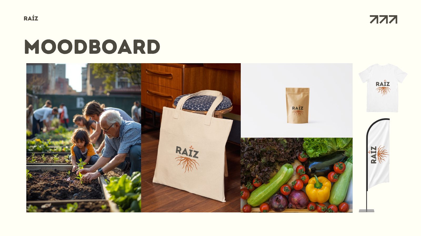 Moodboard da RAÍZ com aplicações da marca em tote bag, embalagem, t-shirt e bandeira