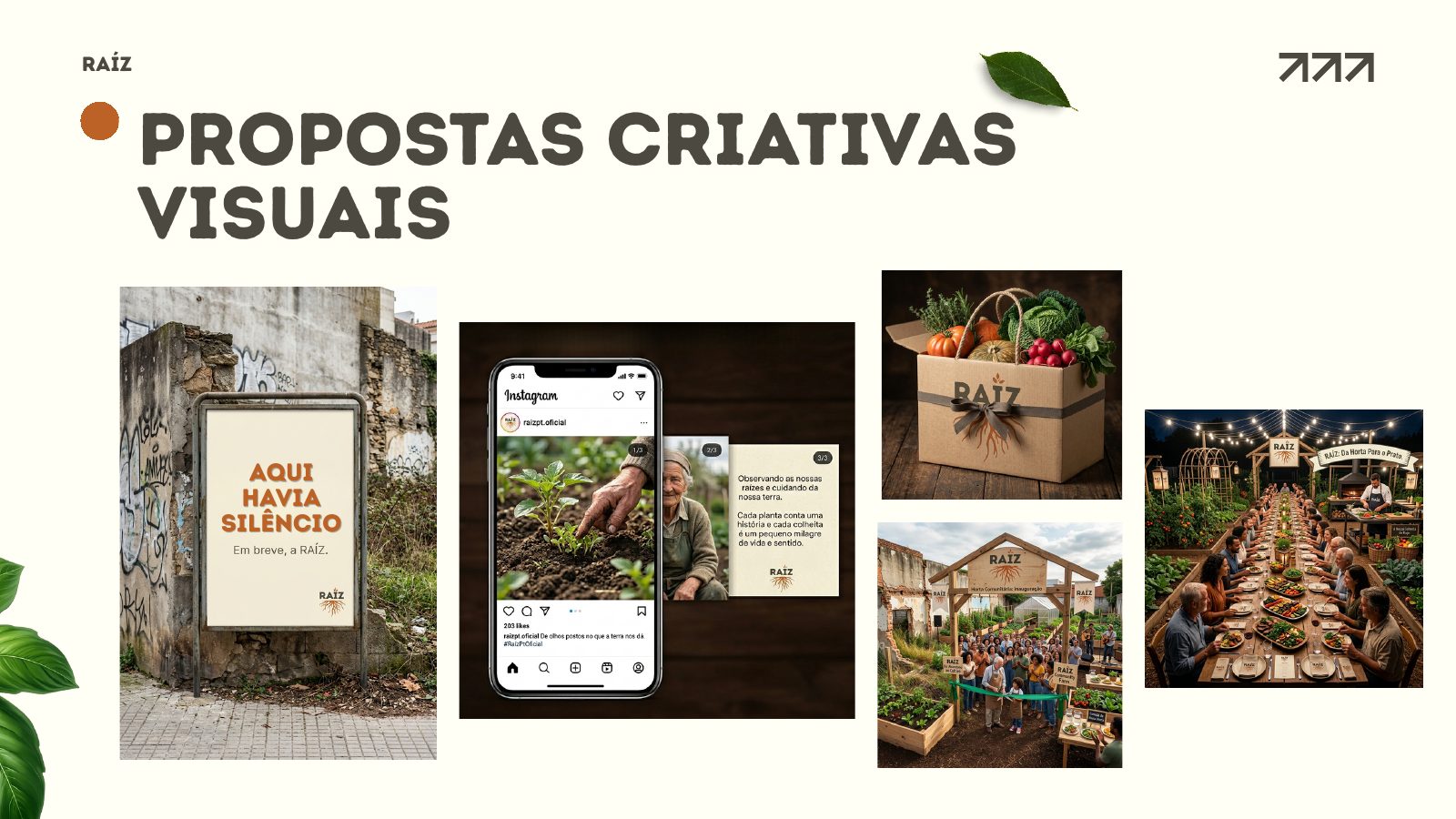 Slide com as propostas criativas visuais da RAÍZ, incluindo o outdoor Aqui havia silêncio
