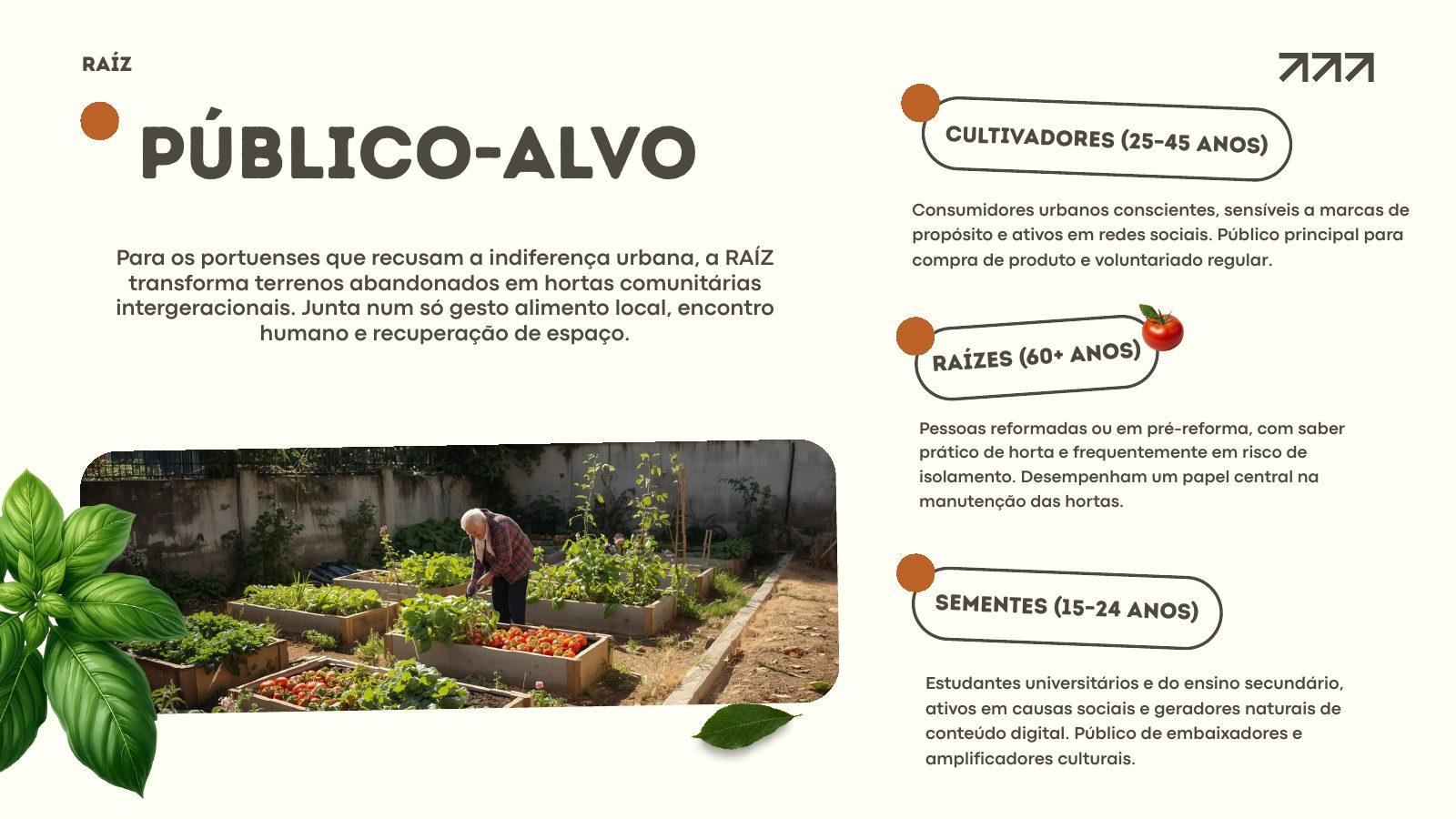 Slide do público-alvo da RAÍZ com os três segmentos