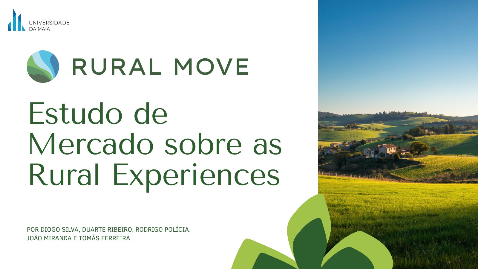 Capa da apresentação do estudo de mercado sobre as Rural Experiences, com o logótipo Rural Move e uma fotografia de paisagem rural